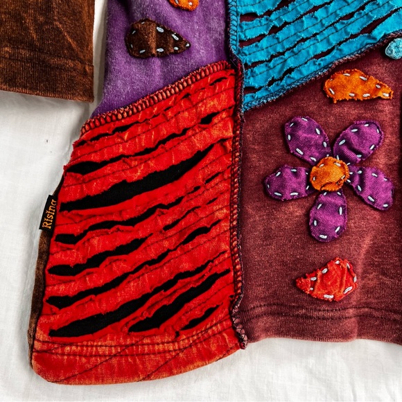 Rising International Hippie Boho Patchwork Shirt Women Medium Embroidered Flower - Picture 4 of 16
